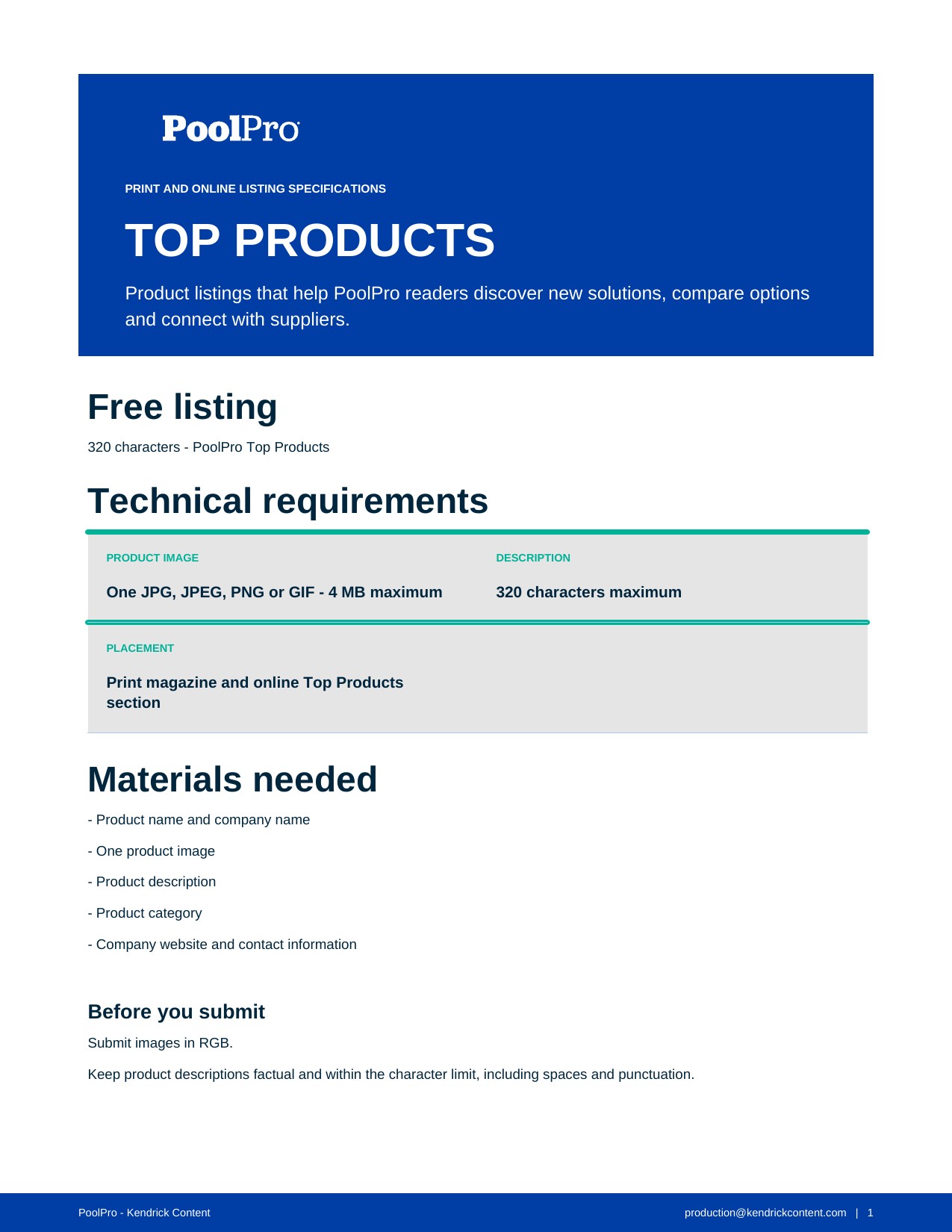 PoolPro free Top Products specifications — page 1 of 2